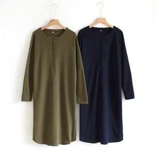 Long-sleeve Half-button Knit Sleep Dress