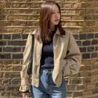 Long-sleeve Plain Faux Leather Jacket Beige - One Size
