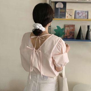 Puff-sleeve Plain Lace-up Blouse