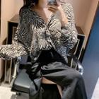 Color-block V-neck Long-sleeve Blouse / Plain High-waist Skirt