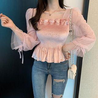 Lantern-sleeve Velvet Smocked Top