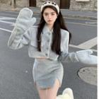 Fleece Cropped Button-up Jacket / Mini Pencil Skirt / Gloves / Set