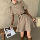 Plain Long-sleeve T-shirt / Plaid Puff-sleeve Shift Dress