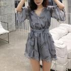 Feather Embroidered Elbow-sleeve Playsuit