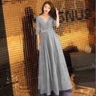 Glitter Elbow-sleeve A-line Evening Gown