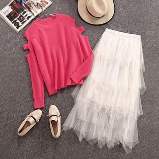 Set: Cutout Knit Top + Maxi Mesh Layered Skirt Rose Pink - One Size
