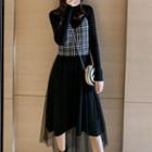 Set: Plaid Knit Camisole Top + Long-sleeve Mesh Panel Midi A-line Dress