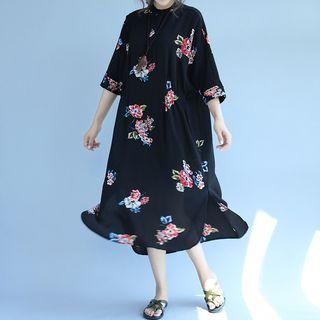 Floral Print 3/4 Sleeve Chiffon Midi Dress