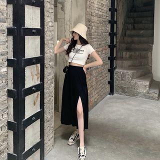 Lettering Short-sleeve Crop Top / Side-slit Midi A-line Skirt