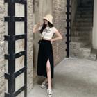 Lettering Short-sleeve Crop Top / Side-slit Midi A-line Skirt
