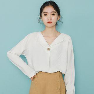 Long-sleeve One Buttoned Chiffon Top White - One Size