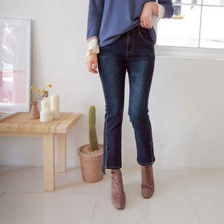 Slit-hem Brushed Fleece Lined Jeans