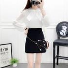 Set: Tie-neck Chiffon Blouse + Embroidered Skirt