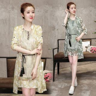 Set: Printed 3/4-sleeve Light Jacket + Sleeveless A-line Dress