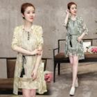 Set: Printed 3/4-sleeve Light Jacket + Sleeveless A-line Dress