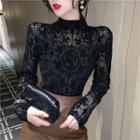 Long-sleeve Mock Neck Lace Top Black - One Size