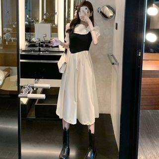 Puff-sleeve Mock Two-piece Midi Dress