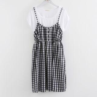 Set: Short-sleeve Top + Spaghetti Strap Plaid Dress