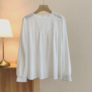 Long-sleeve Eyelet Lace Panel Blouse White - One Size