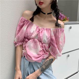 Short-sleeve Tie Dye Ruffled Blouse Pink - One Size