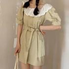 Eyelet Trim Elbow-sleeve Mini A-line Dress With Belt - Almond - One Size