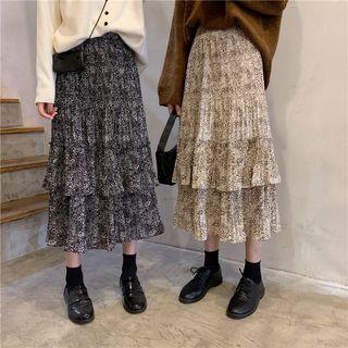 Floral Print Midi A-line Layered Skirt