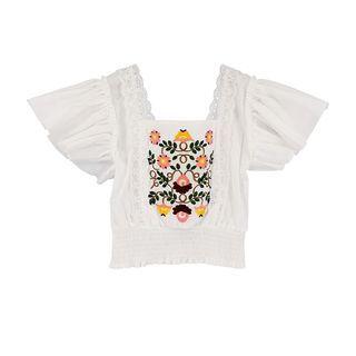 Square Neck Embroidered Cropped Blouse White - One Size