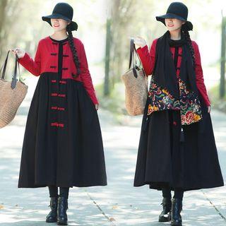Color Block Frog-button Long-sleeve Midi Dress