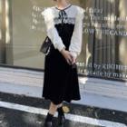 Long-sleeve Tie-neck Lace Panel Velvet Dress
