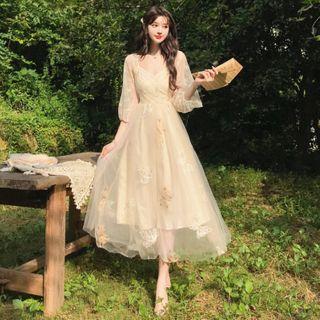 Mesh Spaghetti-strap Dress + Lace Cardigan