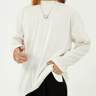 Long-sleeve Mock Neck Plain Corduroy T-shirt