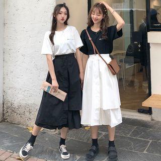 Short-sleeve Lettering T-shirt / Asymmetric A-line Midi Skirt