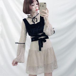 Set: Long-sleeve Lace Dress + Sleeveless Velvet Wrap Around Top