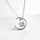 925 Sterling Silver Rhinestone Heart & Moon Pendant Necklace Silver - One Size