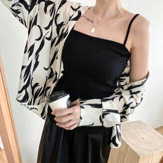 Printed Long-sleeve V-neck Blouse Black Print - White - One Size