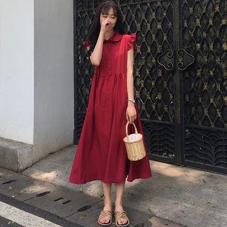 Ruffled Sleeveless Midi A-line Dress Red - One Size