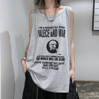 Lettering Printed Sleeveless Tank Top Gray - One Size