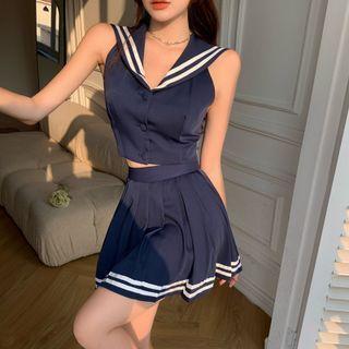 Sleeveless Sailor Collar Crop Top / Mini A-line Skirt / Set