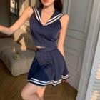 Sleeveless Sailor Collar Crop Top / Mini A-line Skirt / Set