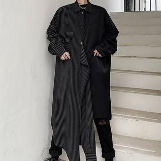 Striped Panel Button-up Long Coat Black - One Size