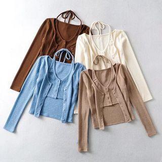 Mock Two-piece Long-sleeve Halter-neck Knit Top