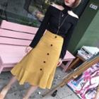 Long-sleeve Cutout Shoulder Top / Ruffle A-line Skirt