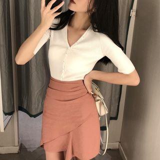 Set: V-neck Short-sleeve T-shirt + Mini A-line Skirt