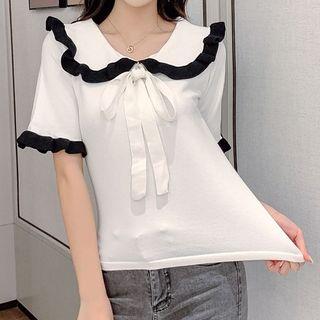 Elbow-sleeve Contrast Trim Ribbon Knit Top