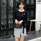 Set: Long-sleeve T-shirt + Houndstooth Wrap Front Skirt