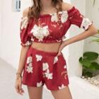 Set: Puff-sleeve Off-shoulder Top + Shorts