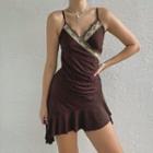 Spaghetti Strap V-neck Lace-trim Mini Dress