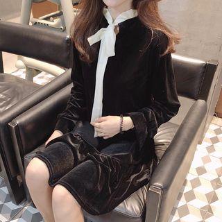 Bow Long-sleeve Velvet Mini Dress As Shown In Figure - One Size