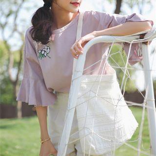 Flower Print Bell-sleeve T-shirt Violet - One Size