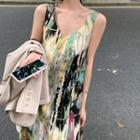 Sleeveless V-neck Print Midi Shift Dress Yellow - One Size